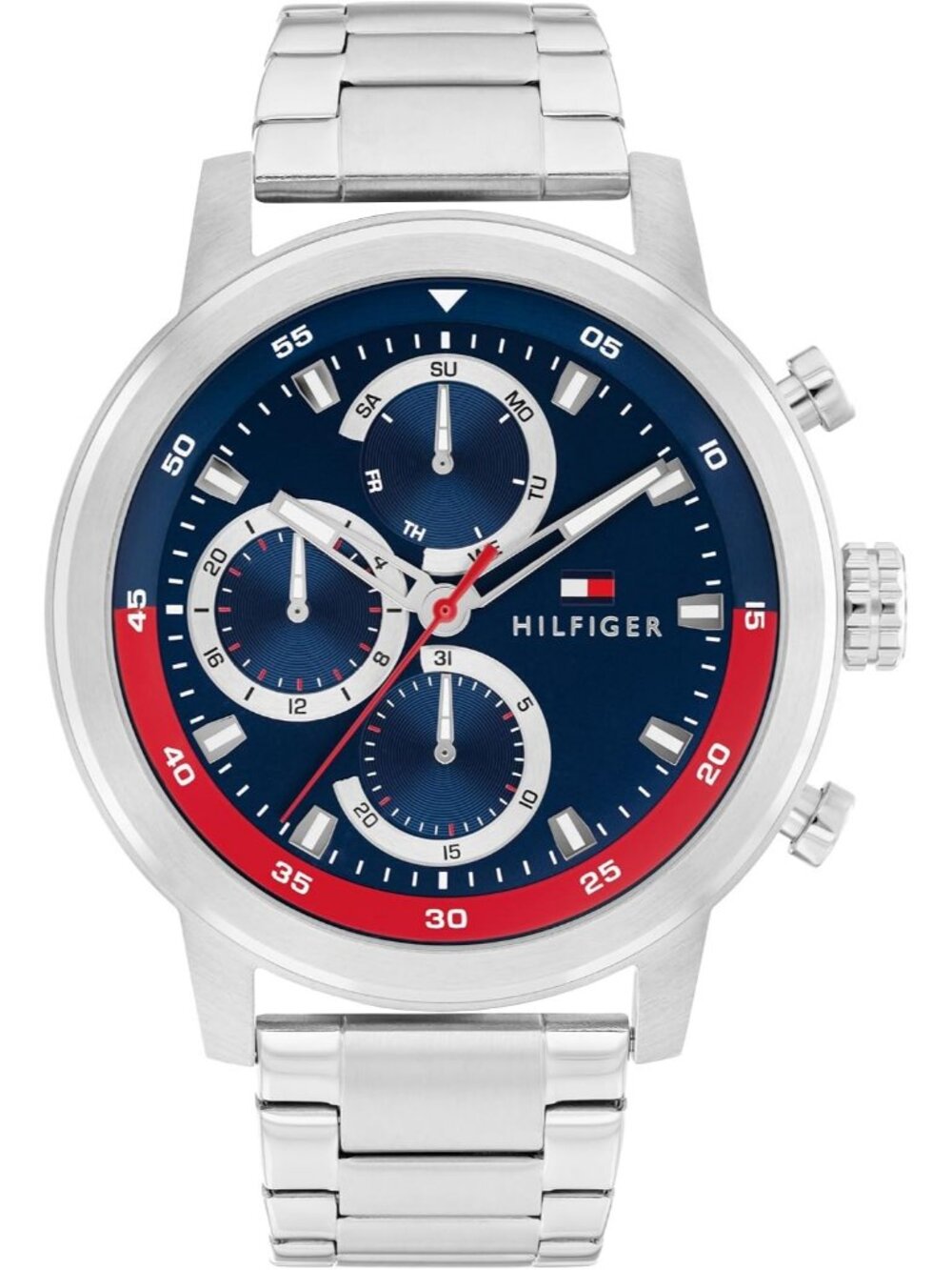 Men's Silver Quartz Multifunction Stainless Steel Case Oversized Crown Watch